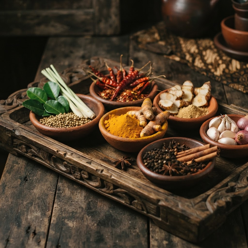 Traditional Indonesian spices and aromatics used in Temu Kangen's authentic dishes