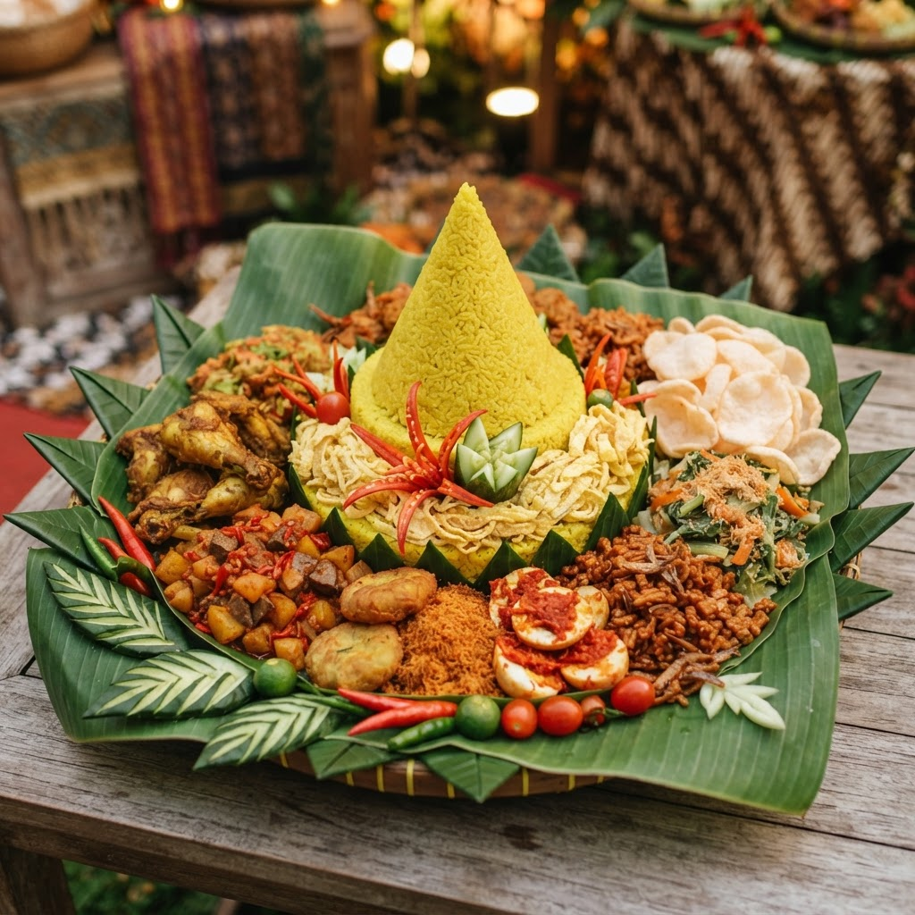 Indonesian celebration nasi kuning turmeric rice cone tumpeng with colourful side dishes