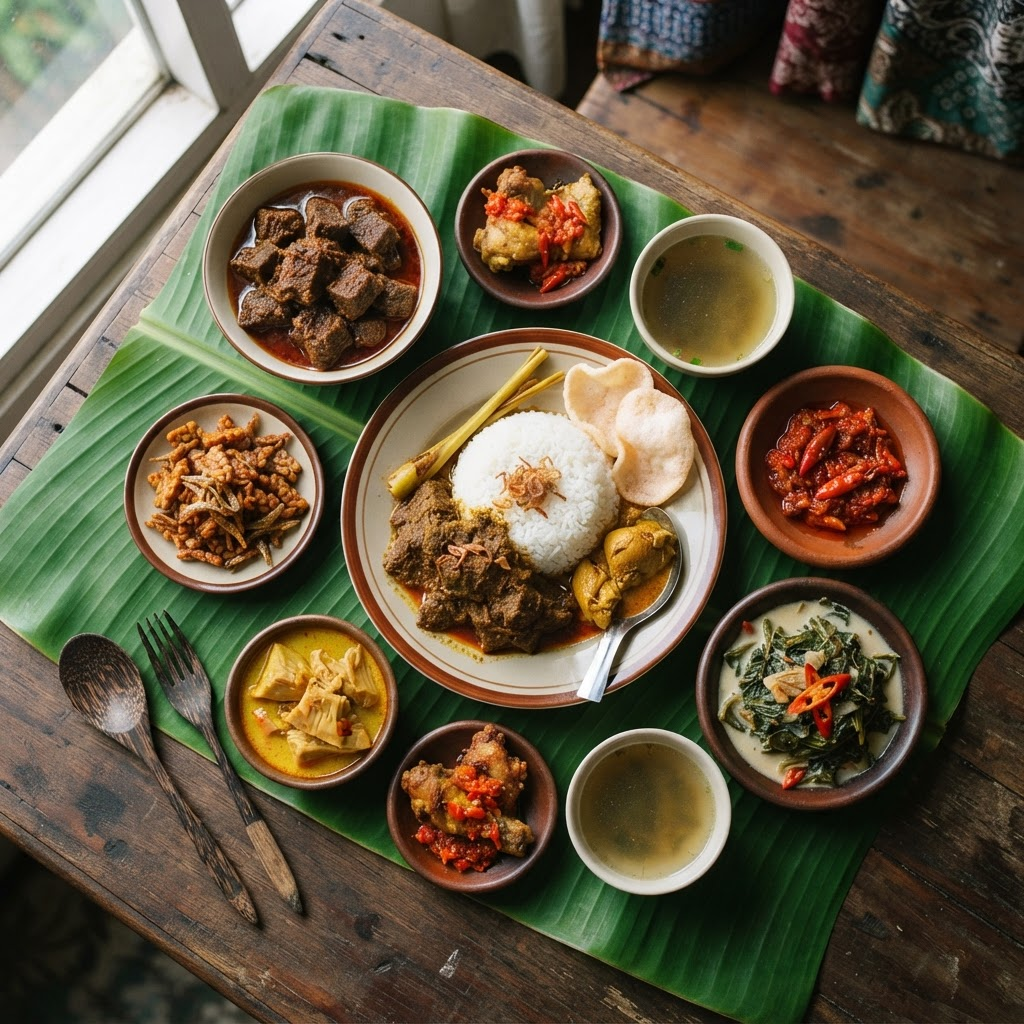 Nasi Padang Indonesian rice dish with multiple side dishes on banana leaf