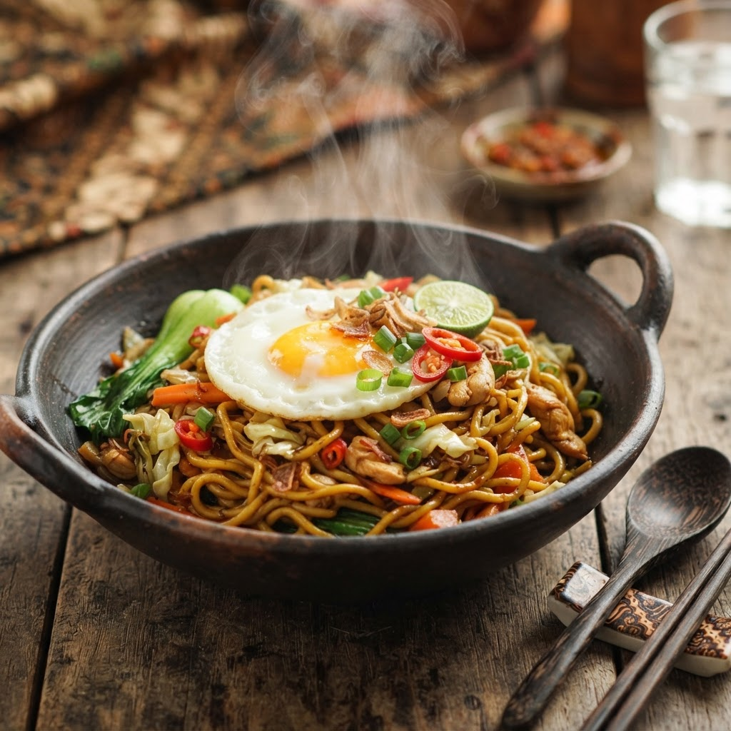 Indonesian mie goreng fried noodles in a ceramic bowl