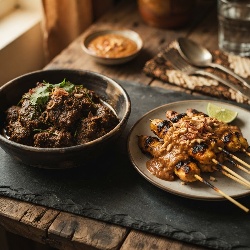 Indonesian beef rendang and chicken satay skewers with peanut sauce